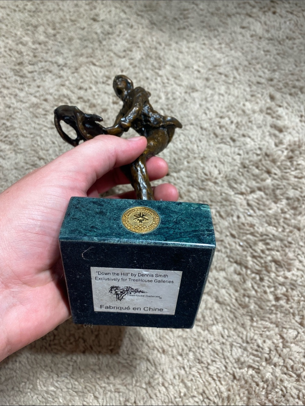 'Down the Hill' Bronze-Tone Figurine on Green Marble Base by
